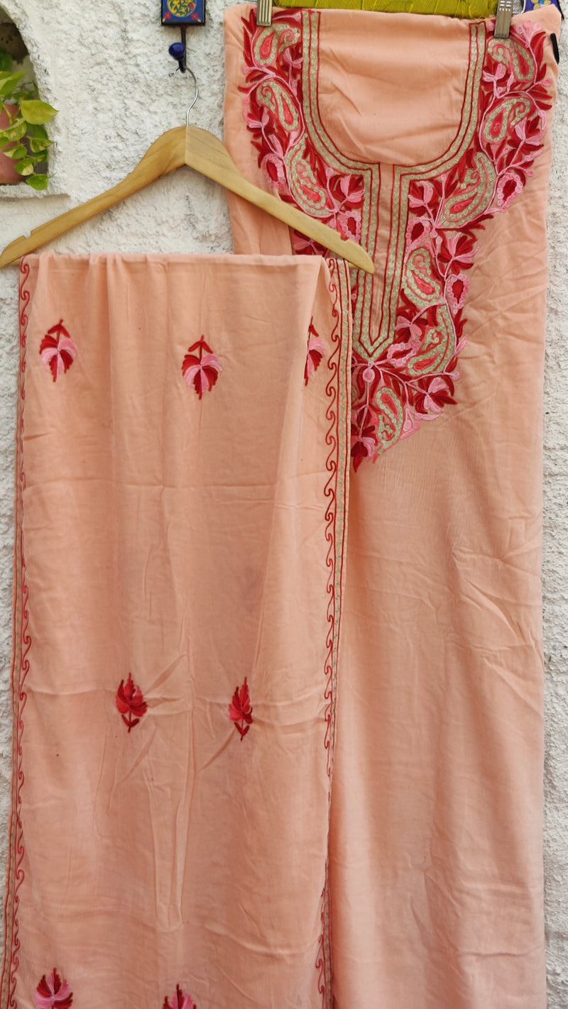 PEACH COLOUR VELVET KURTA WITH THREAD & TILLA WORK ALONG WITH SHAWL