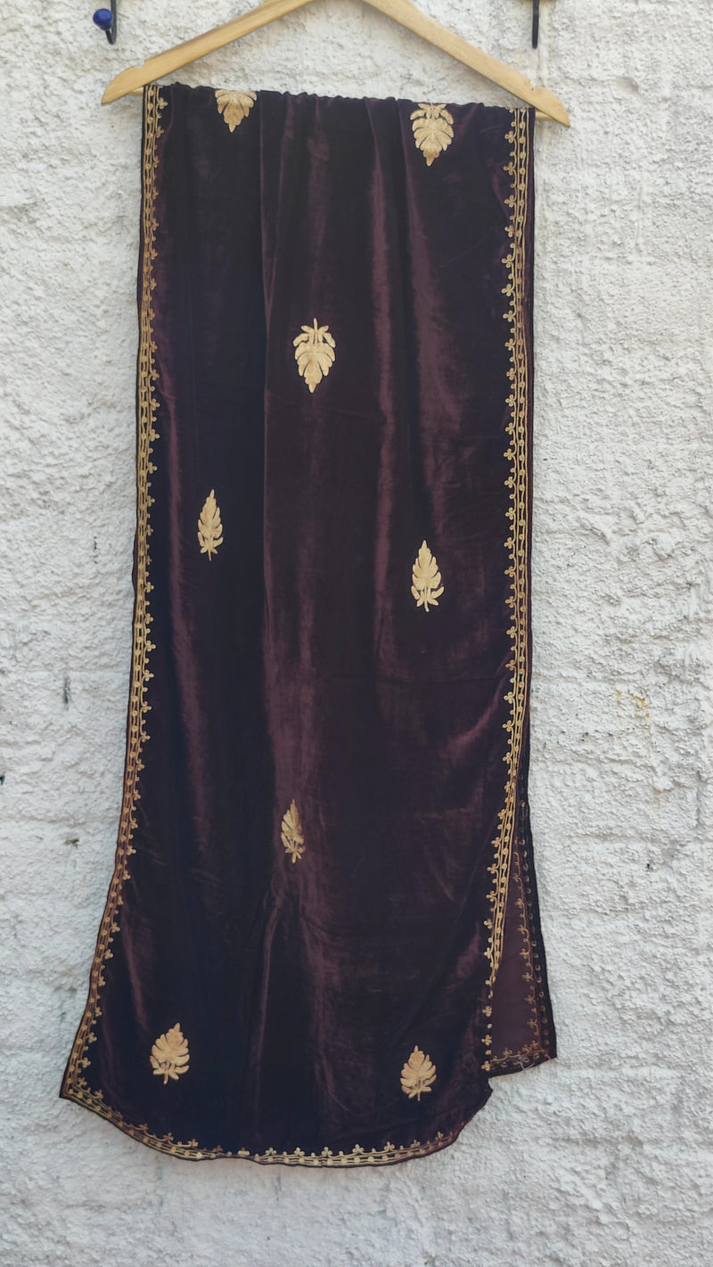 DARK BROWN VELVET KURTA WITH TILLA WORK & SHAWL