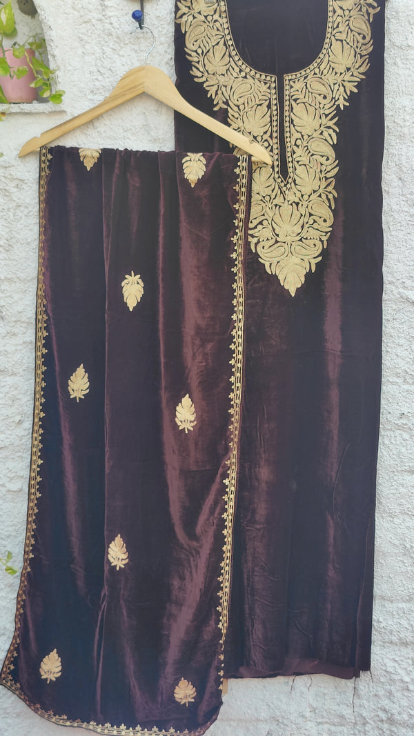 DARK BROWN VELVET KURTA WITH TILLA WORK & SHAWL