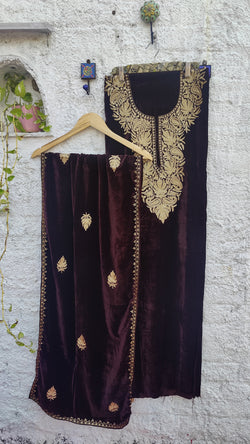 DARK BROWN VELVET KURTA WITH TILLA WORK & SHAWL