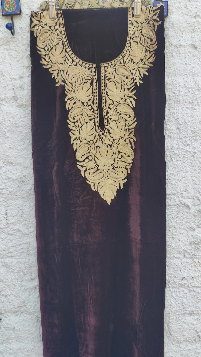 DARK BROWN VELVET KURTA WITH TILLA WORK & SHAWL