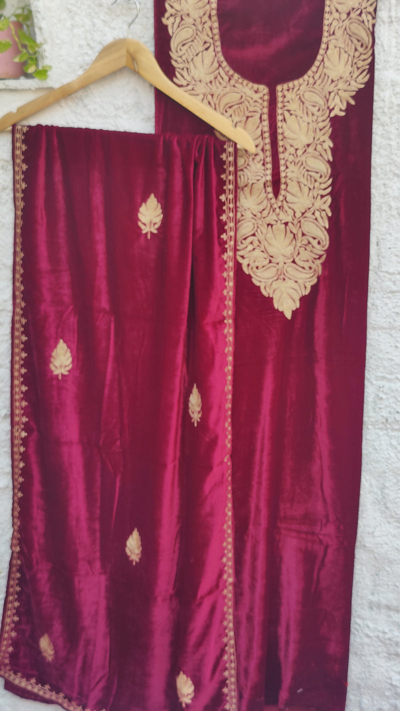 DARK MAROON VELVET KURTA WITH TILLA WORK & SHAWL