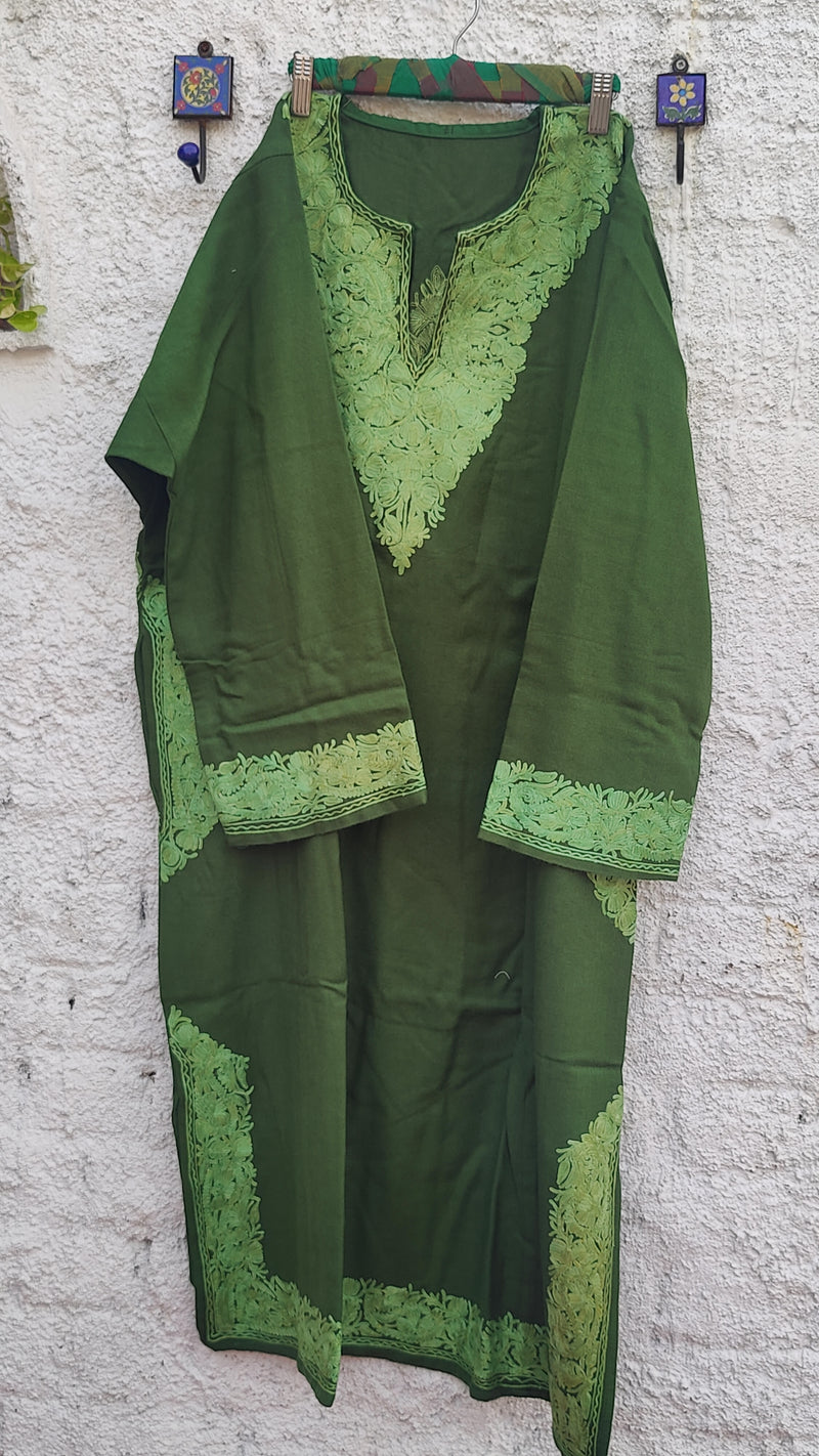 DARK GREEN FIRAN WITH KASHMIRI HAND EMBROIDERY