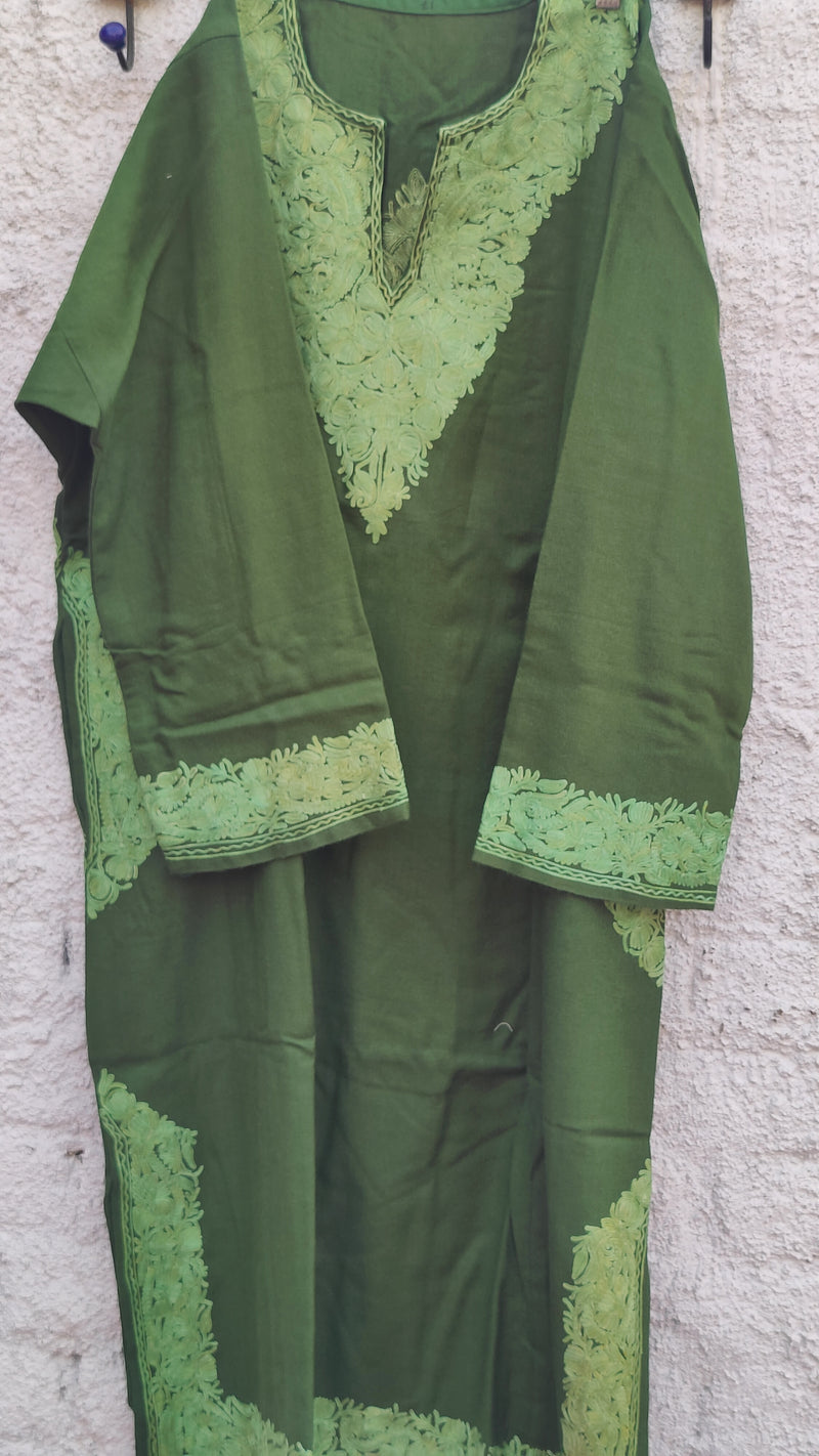 DARK GREEN FIRAN WITH KASHMIRI HAND EMBROIDERY