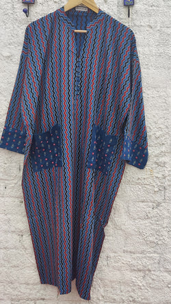 INDIGO AZRAK COTTON KURTA - POCKET PATTERN