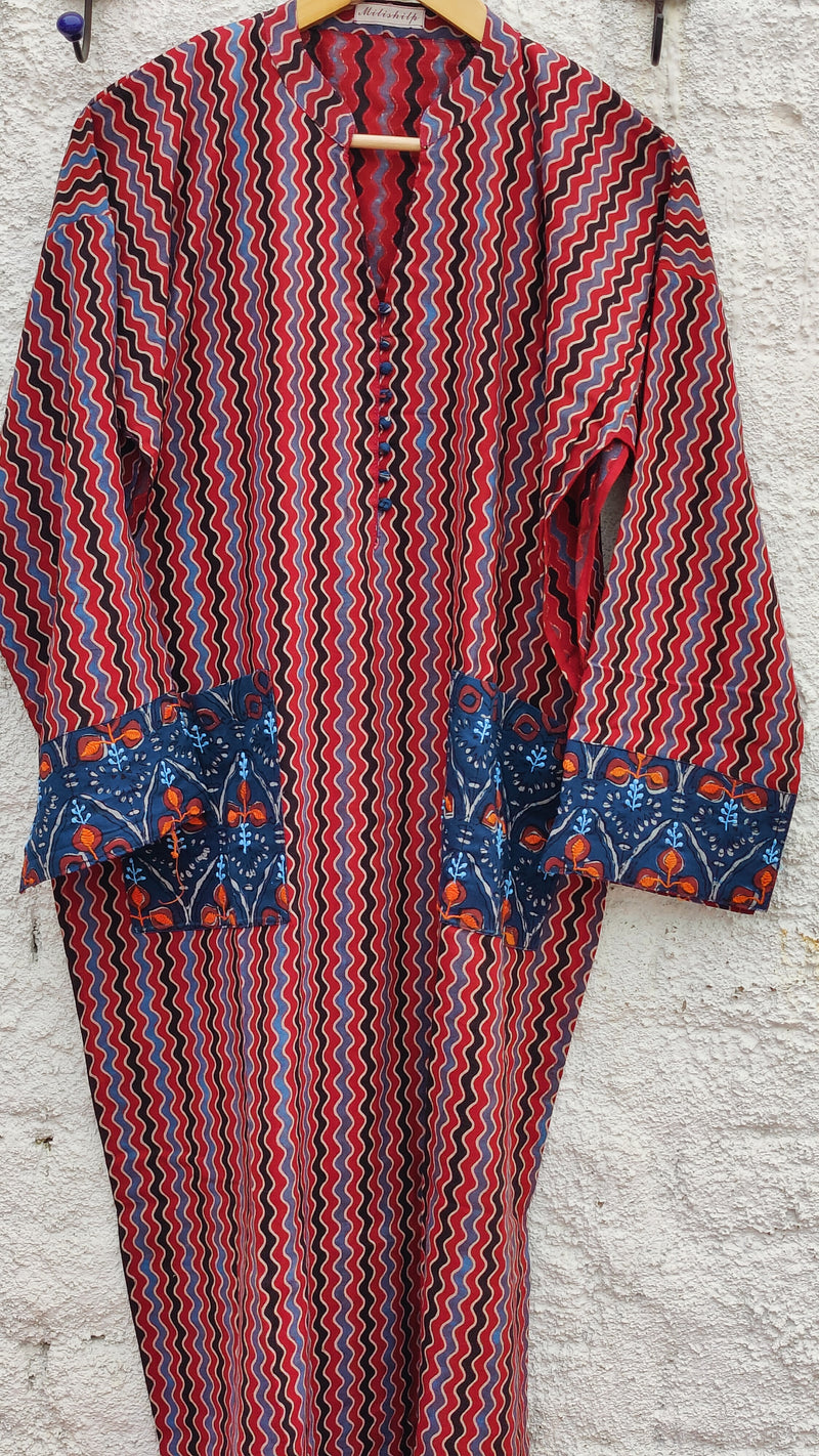 RUST AZRAK COTTON KURTA - POCKET PATTERN