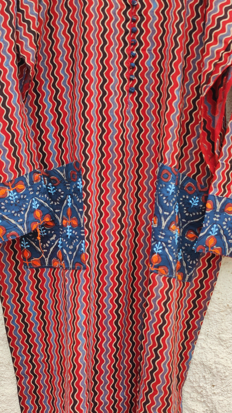 RUST AZRAK COTTON KURTA - POCKET PATTERN