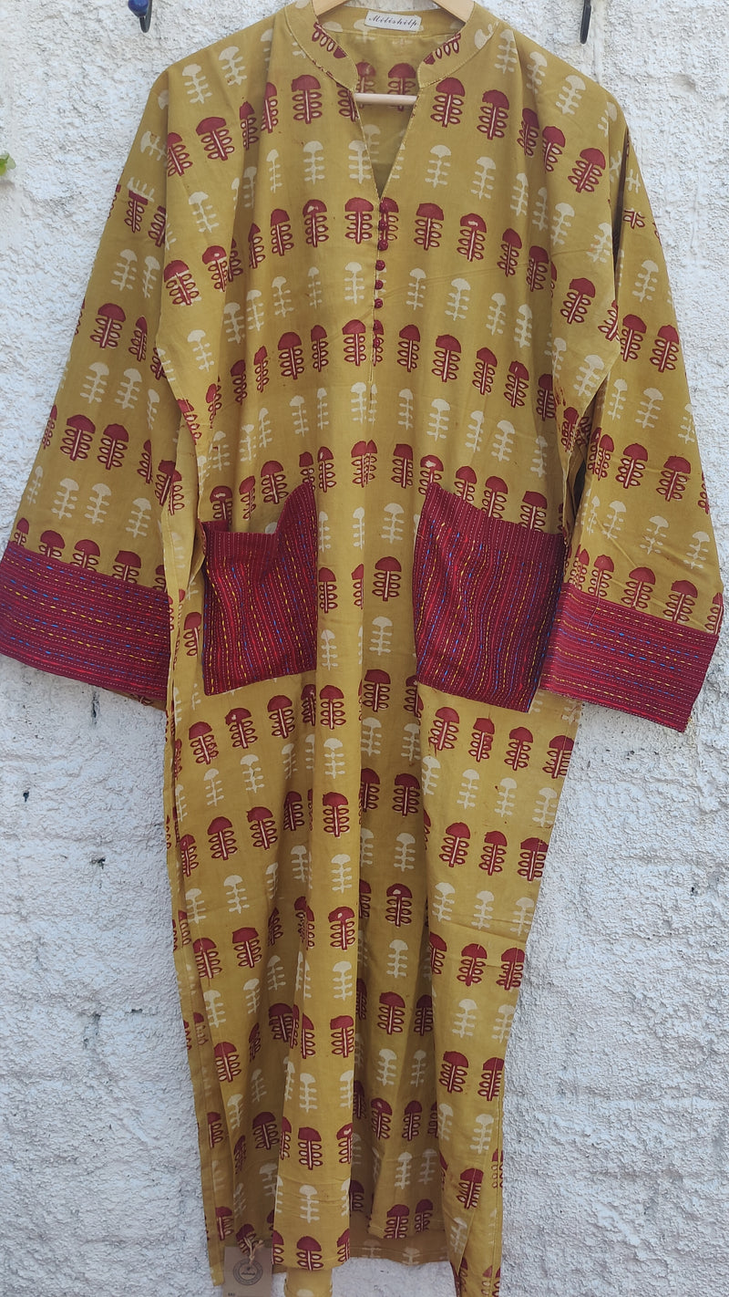 MUSTARD AZRAK COTTON KURTA - POCKET PATTERN