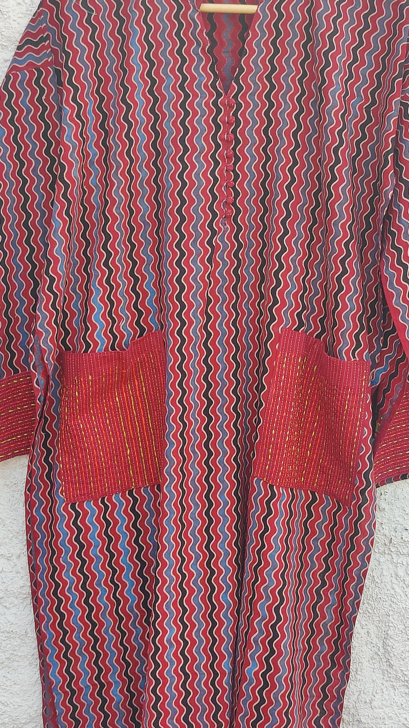 RUST ZIGZAG  AZRAK COTTON KURTA - POCKET PATTERN