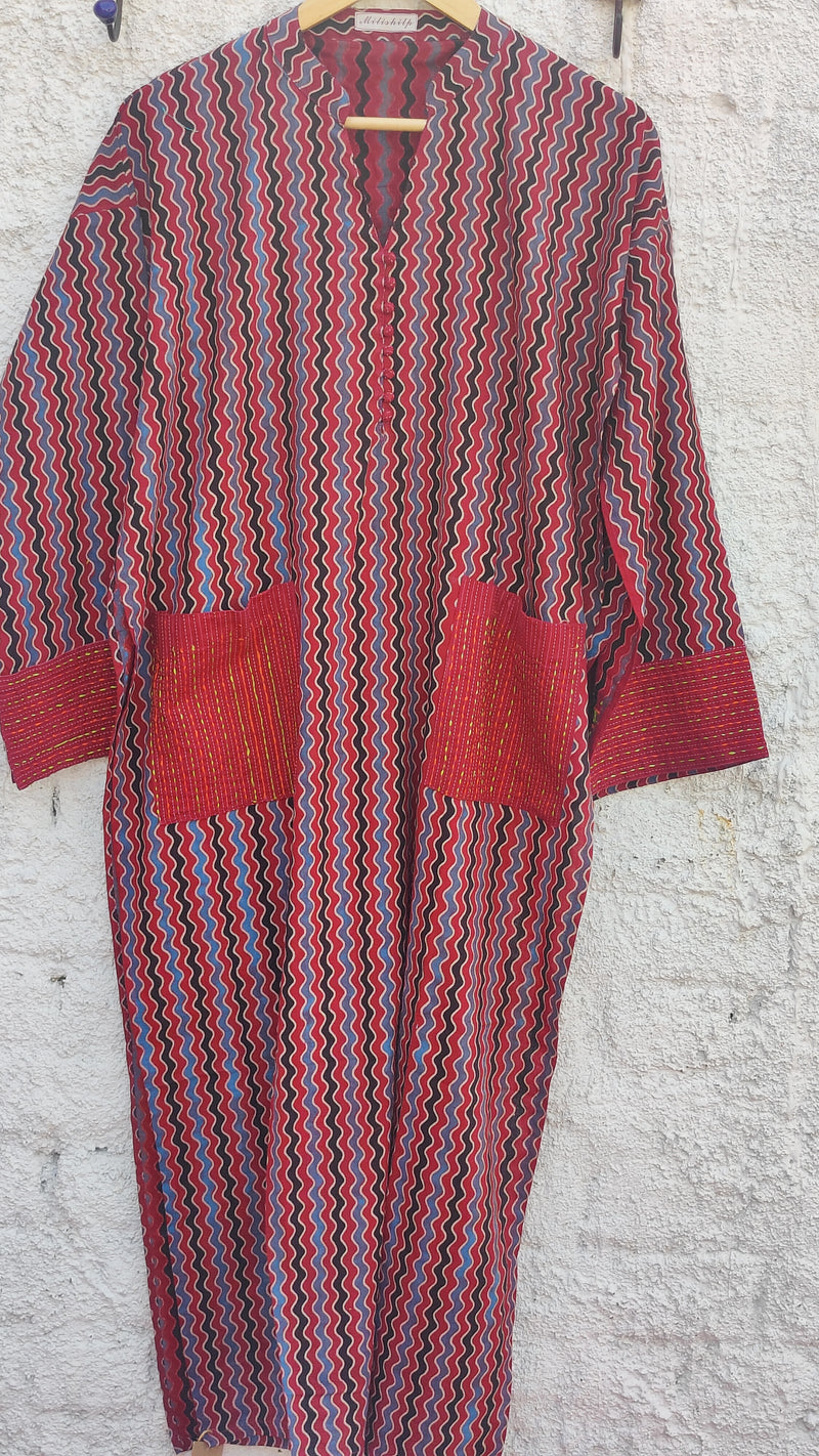 RUST ZIGZAG  AZRAK COTTON KURTA - POCKET PATTERN