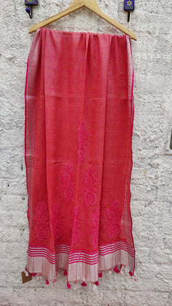 BLUSH RED LINEN DUPATTA WITH CHIKANKARI