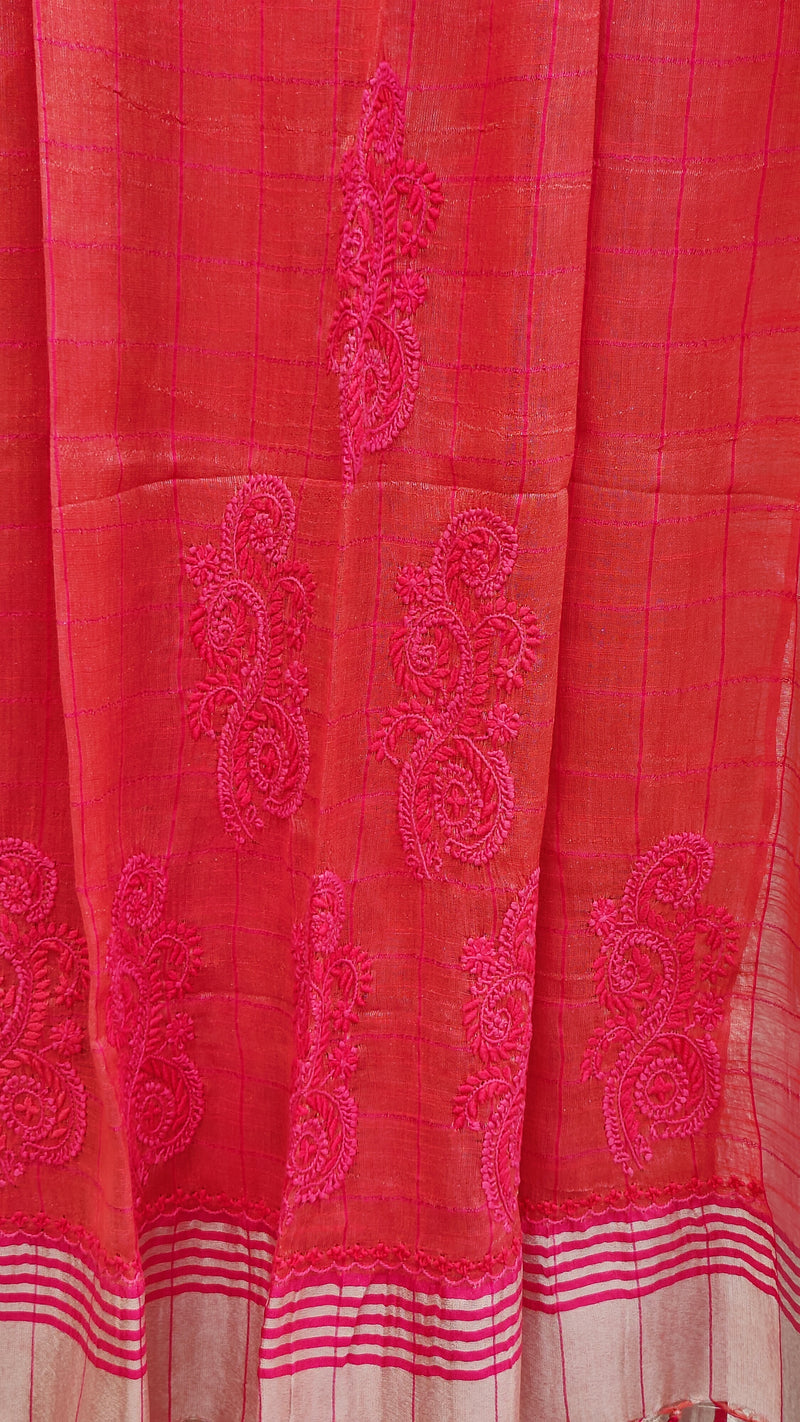 BLUSH RED LINEN DUPATTA WITH CHIKANKARI