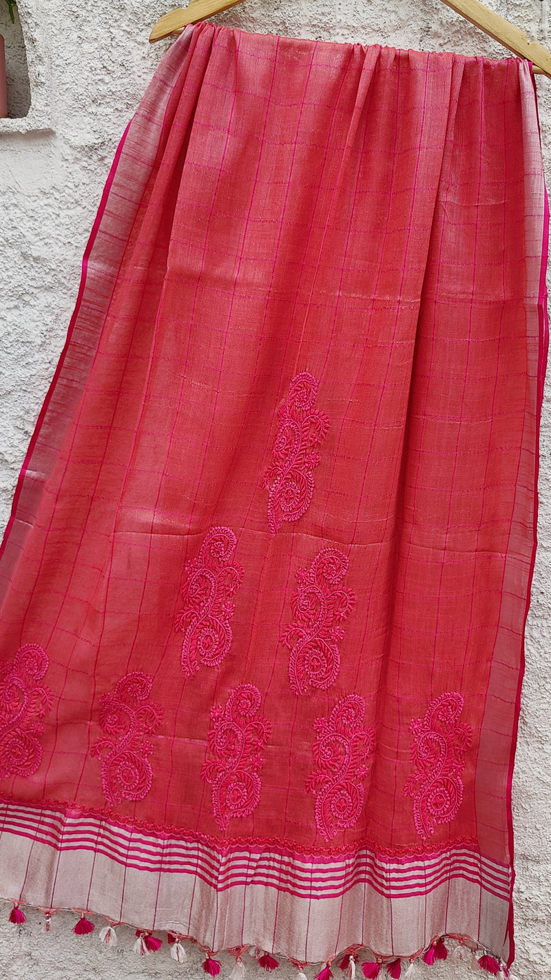 BLUSH RED LINEN DUPATTA WITH CHIKANKARI