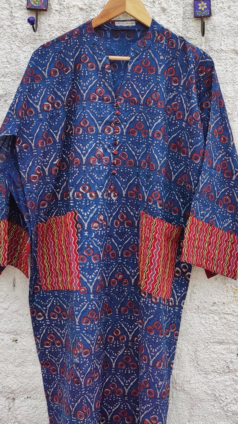 INDIGO AZRAK COTTON KURTA - POCKET PATTERN