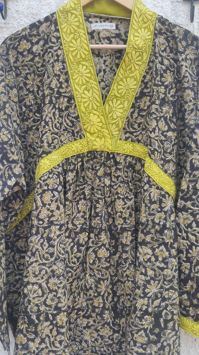 BLACK & BEIGE COTTON KALAMKARI WITH CHIKANKARI KURTA