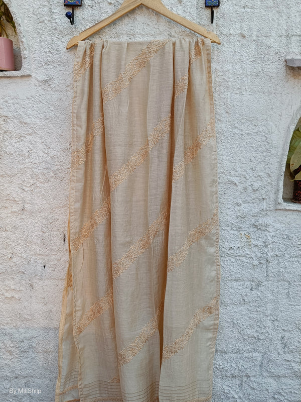 NATURAL GITCCHA TUSSAR DUPATTA WITH CHIKANKARI