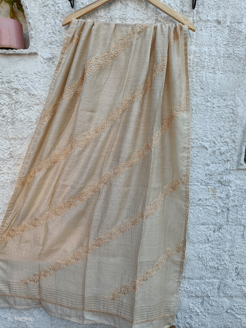 NATURAL GITCCHA TUSSAR DUPATTA WITH CHIKANKARI