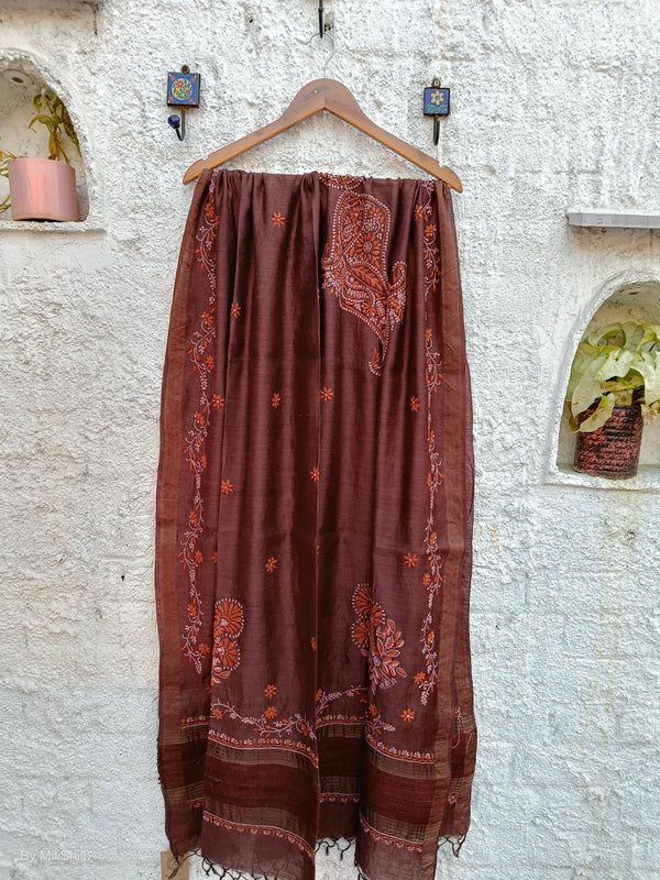 BRUNETTE BROWN TUSSAR SILK DUPATTA WITH CHIKANKARI