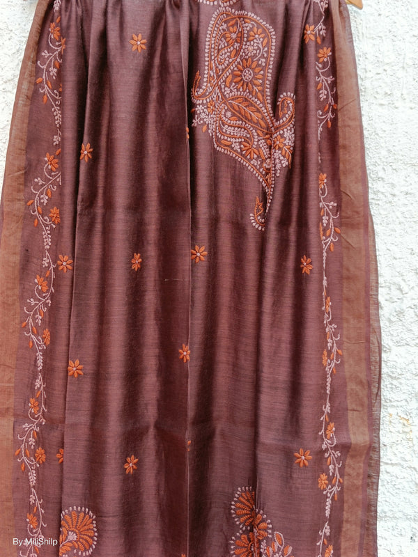 BRUNETTE BROWN TUSSAR SILK DUPATTA WITH CHIKANKARI