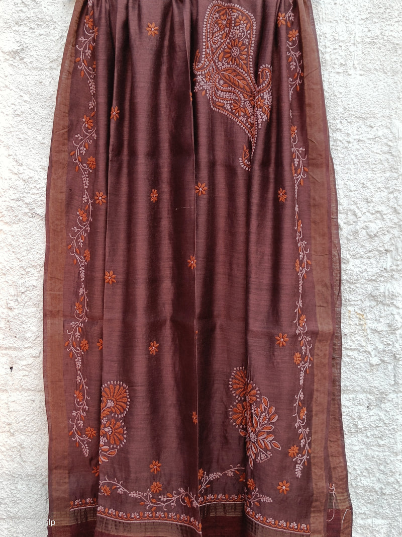 BRUNETTE BROWN TUSSAR SILK DUPATTA WITH CHIKANKARI