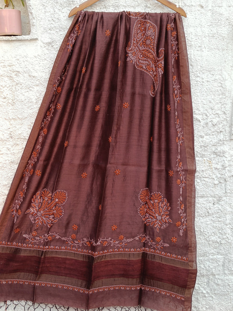 BRUNETTE BROWN TUSSAR SILK DUPATTA WITH CHIKANKARI