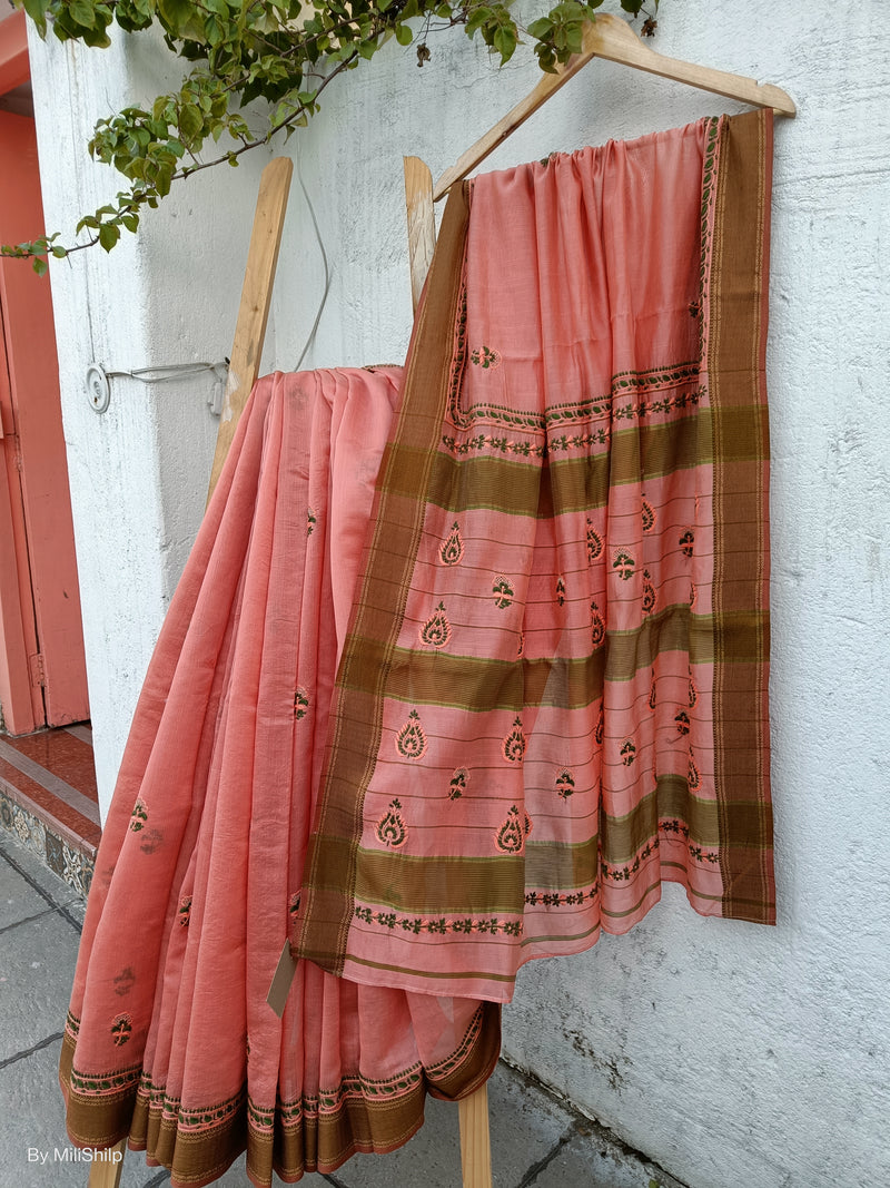 PEACH MAHESHWARI SAREE WITH CHIKANKARI EMBROIDERY