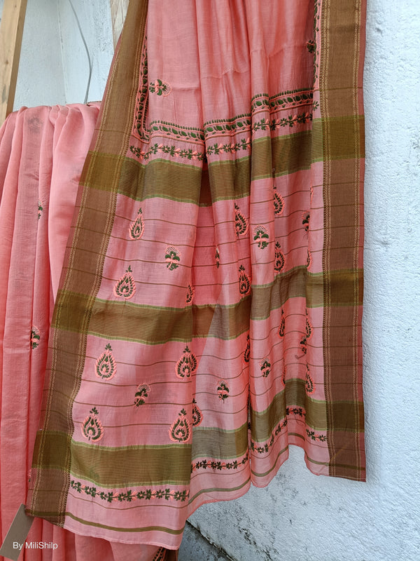 PEACH MAHESHWARI SAREE WITH CHIKANKARI EMBROIDERY