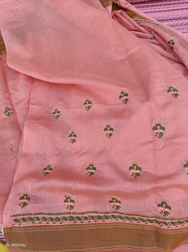 PEACH MAHESHWARI SAREE WITH CHIKANKARI EMBROIDERY