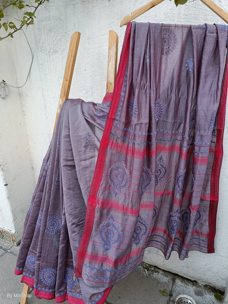 LAVENDER MAHESHWARI SAREE WITH CHIKANKARI MOTIFS