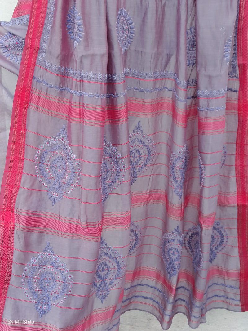 LAVENDER MAHESHWARI SAREE WITH CHIKANKARI MOTIFS