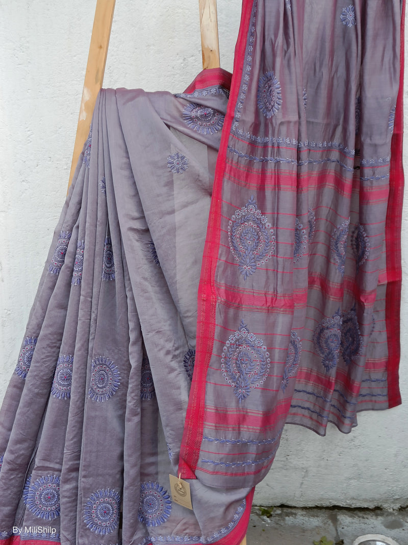 LAVENDER MAHESHWARI SAREE WITH CHIKANKARI MOTIFS