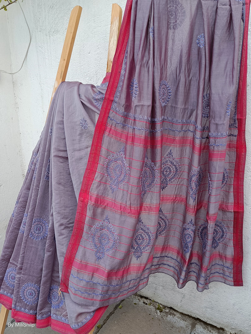 LAVENDER MAHESHWARI SAREE WITH CHIKANKARI MOTIFS