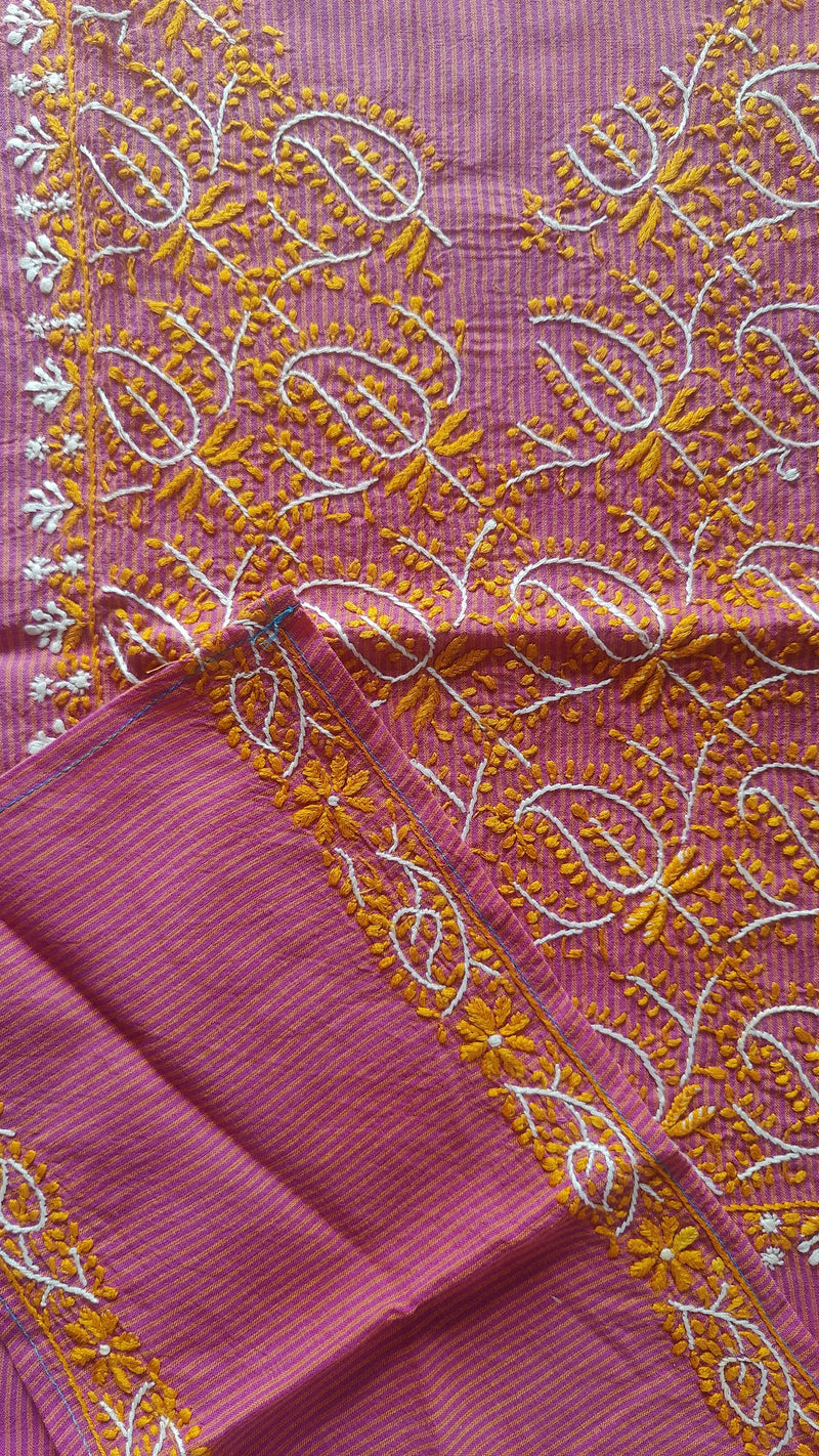 PINK STRIPES MANGALGIRI COTTON CHIKANKARI YOKE AND SLEEVES