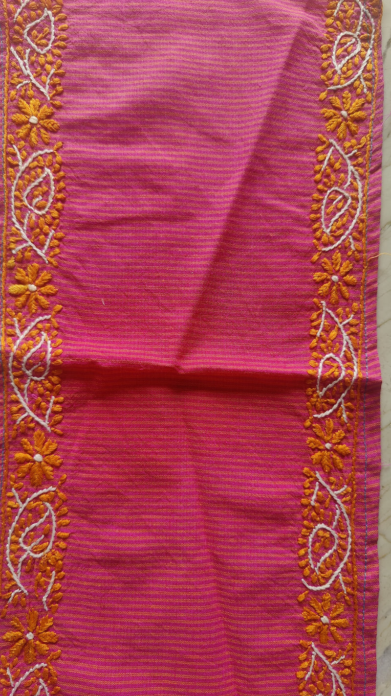 PINK STRIPES MANGALGIRI COTTON CHIKANKARI YOKE AND SLEEVES