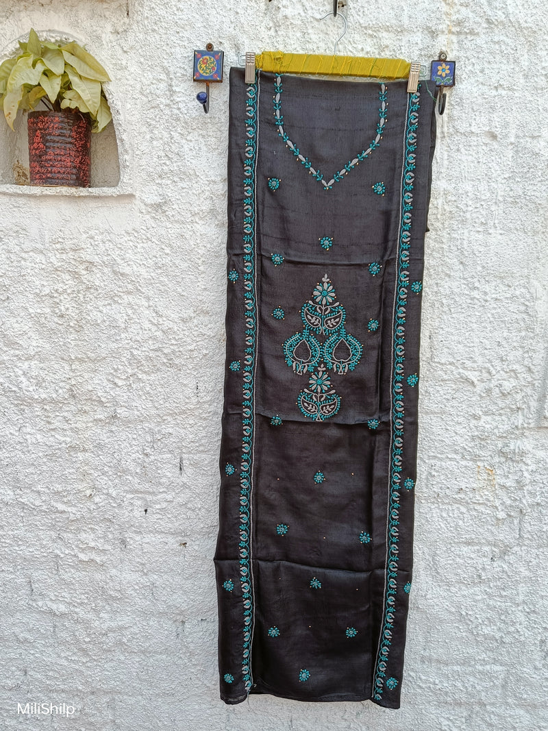 BLACK TUSSAR KURTA WITH TEAL CHIKANKARI & MUKAISH