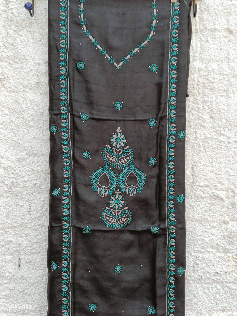 BLACK TUSSAR KURTA WITH TEAL CHIKANKARI & MUKAISH