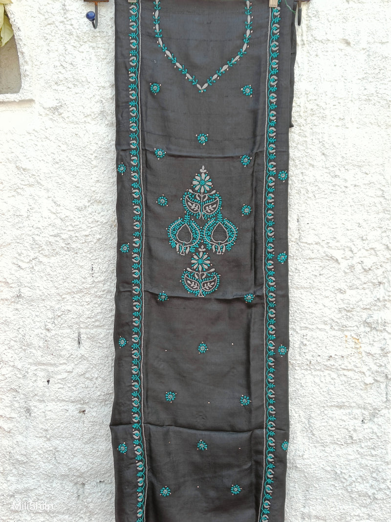 BLACK TUSSAR KURTA WITH TEAL CHIKANKARI & MUKAISH