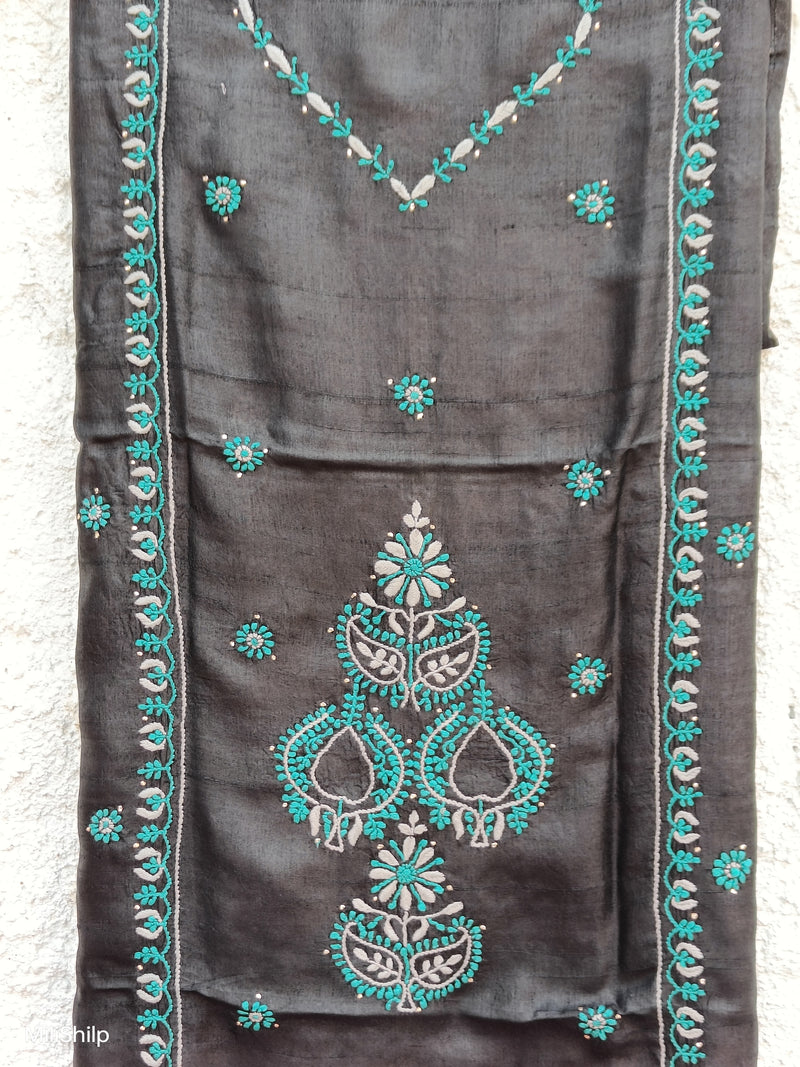 BLACK TUSSAR KURTA WITH TEAL CHIKANKARI & MUKAISH