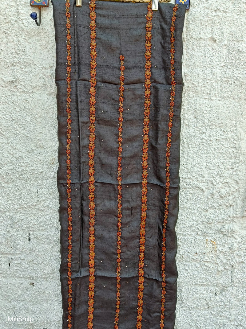 BLACK TUSSAR KURTA WITH BROWN CHIKANKARI & MUKAISH