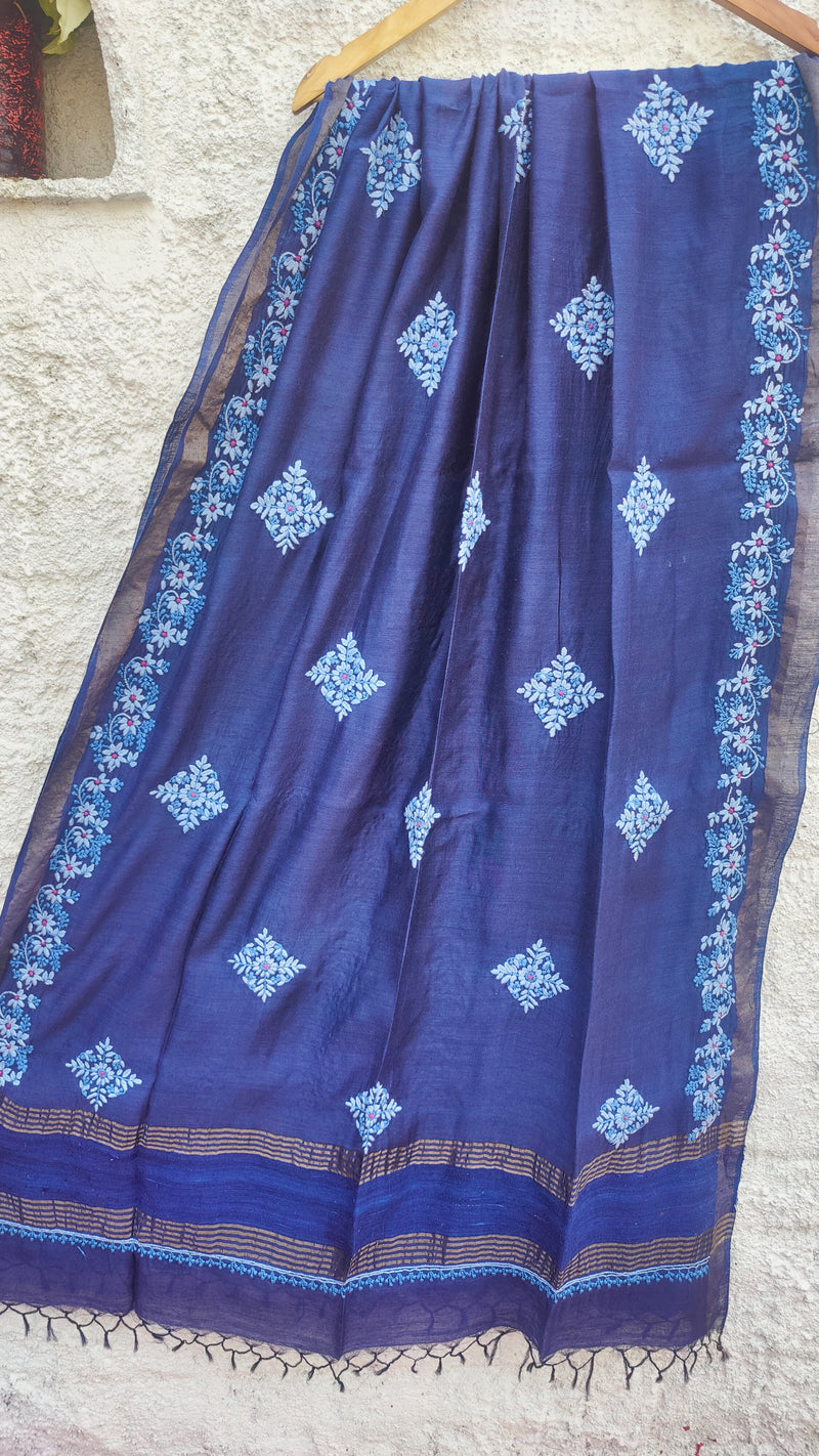 AZURE BLUE TUSSAR SILK DUPATTA WITH CHIKANKARI