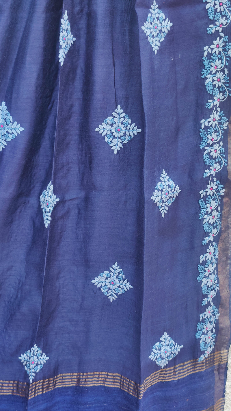 AZURE BLUE TUSSAR SILK DUPATTA WITH CHIKANKARI