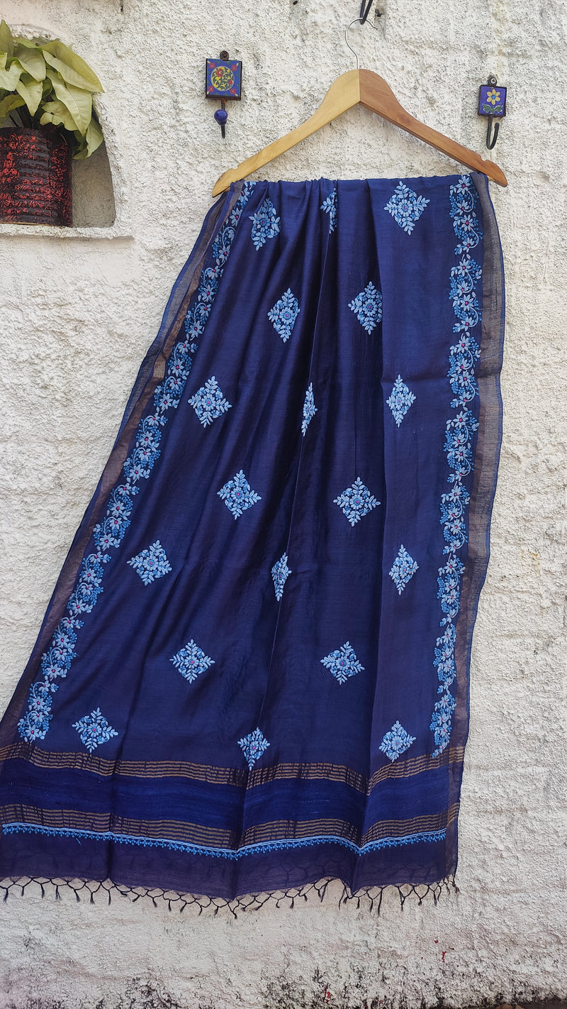 AZURE BLUE TUSSAR SILK DUPATTA WITH CHIKANKARI