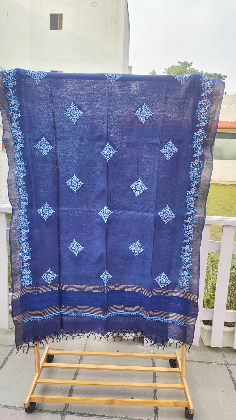 AZURE BLUE TUSSAR SILK DUPATTA WITH CHIKANKARI