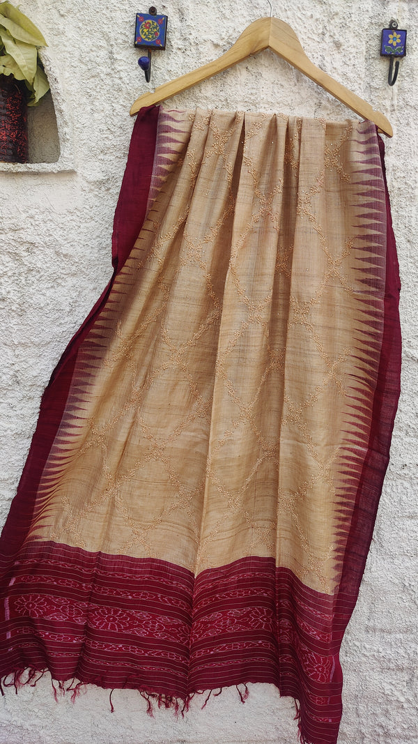 MAROON IKKAT WEAVE TUSSAR DUPATTA WITH CHIKANKARI & MUKAISH