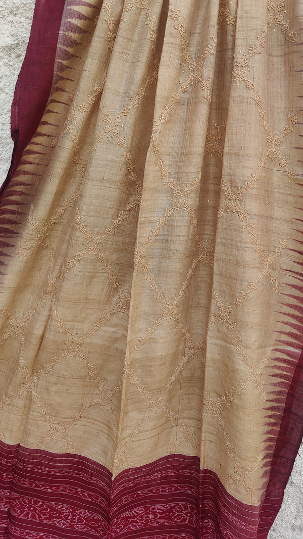 MAROON IKKAT WEAVE TUSSAR DUPATTA WITH CHIKANKARI & MUKAISH