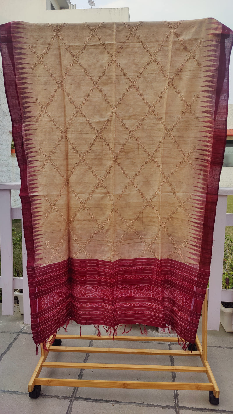 MAROON IKKAT WEAVE TUSSAR DUPATTA WITH CHIKANKARI & MUKAISH