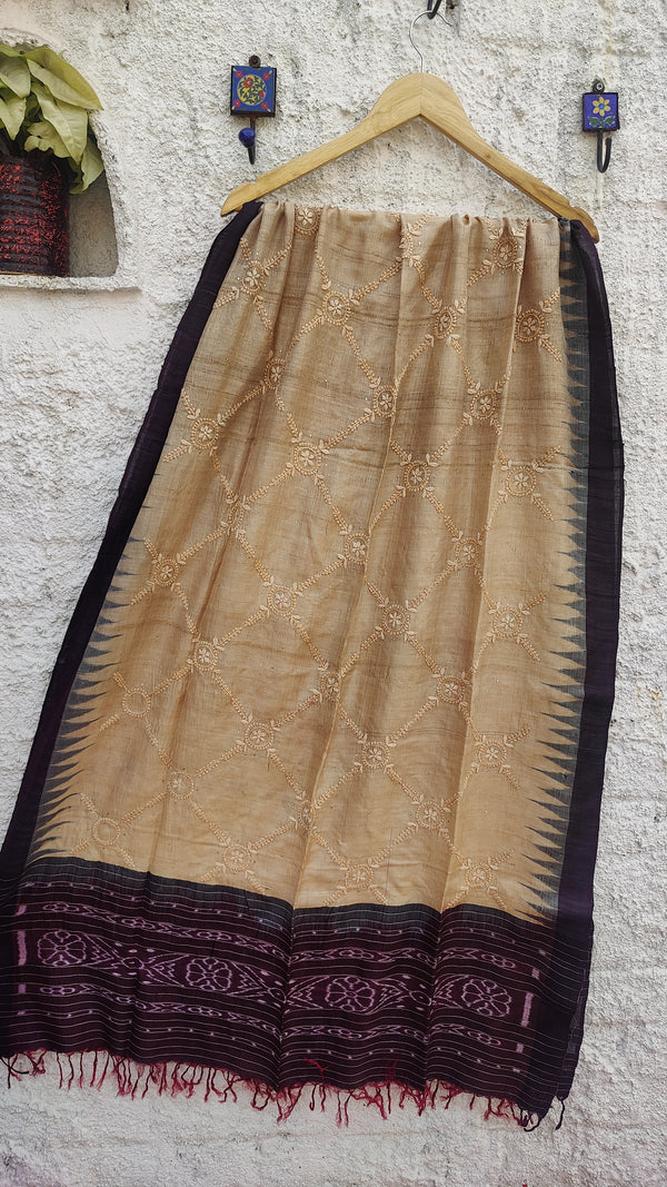 DARK WINE IKKAT WEAVE TUSSAR DUPATTA WITH CHIKANKARI & MUKAISH