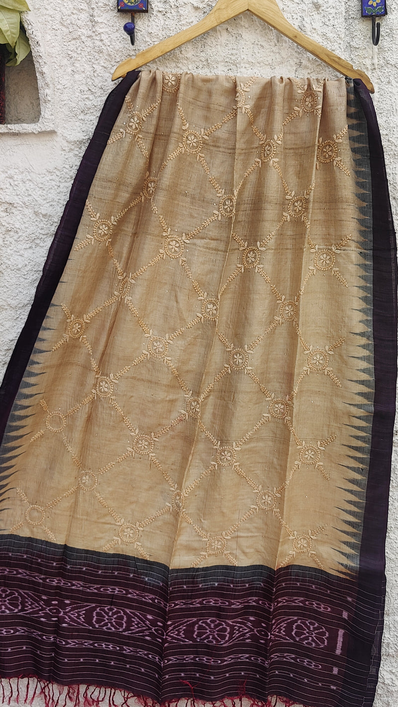 DARK WINE IKKAT WEAVE TUSSAR DUPATTA WITH CHIKANKARI & MUKAISH