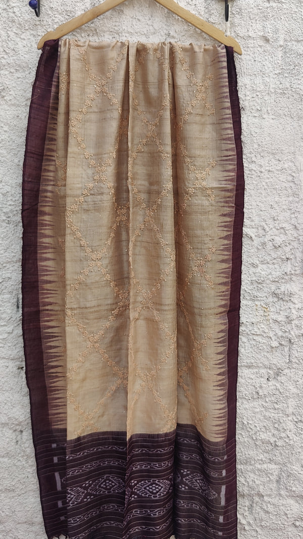 DARK BROWN IKKAT WEAVE TUSSAR DUPATTA WITH CHIKANKARI & MUKAISH