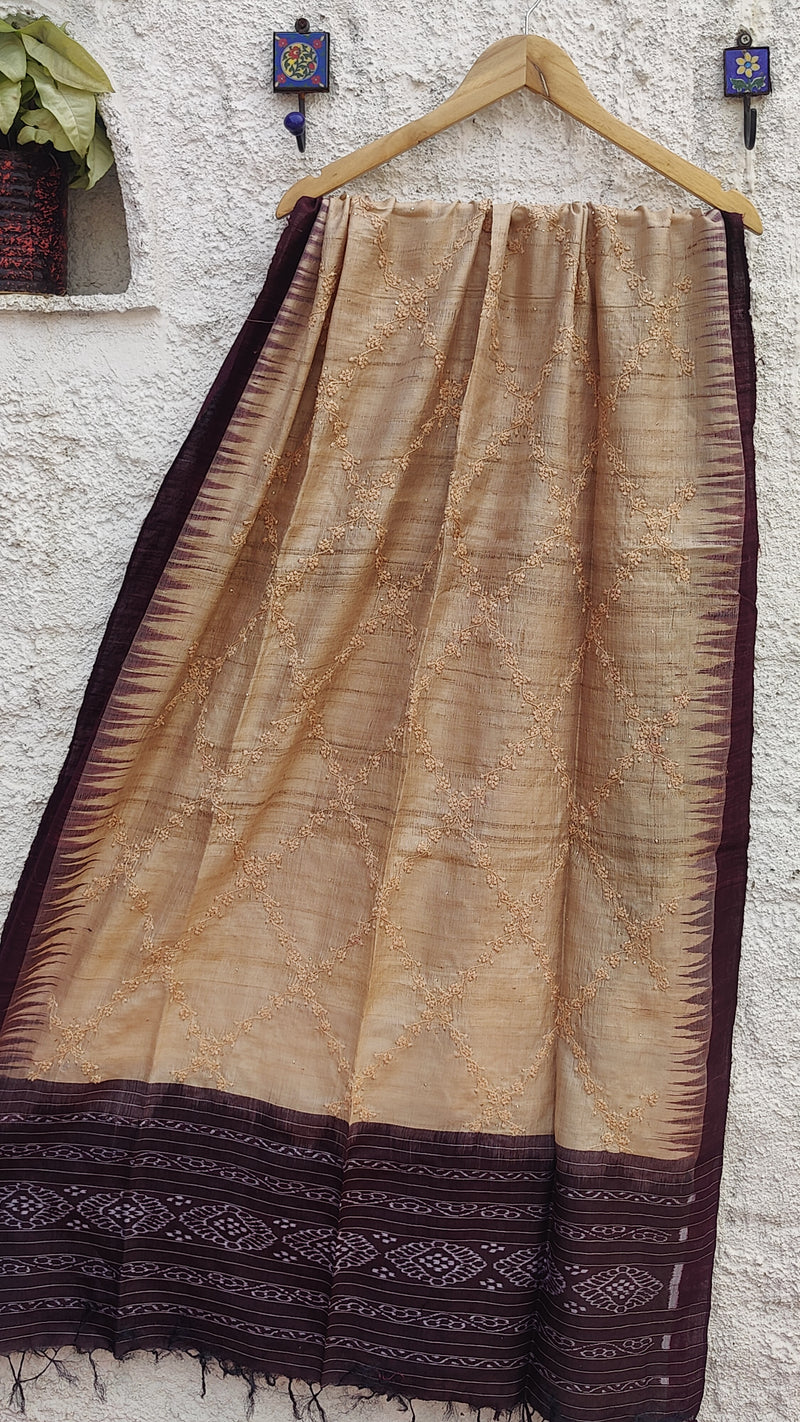 DARK BROWN IKKAT WEAVE TUSSAR DUPATTA WITH CHIKANKARI & MUKAISH